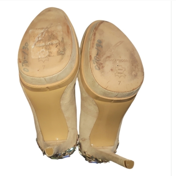 Brian Atwood Nude / Champagne suede Crystal Back Platform Heels stilettos 7 - Picture 5 of 6